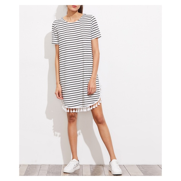 White Striped Short Sleeve Tassels Shift Tee Dress - Picture 3 of 7